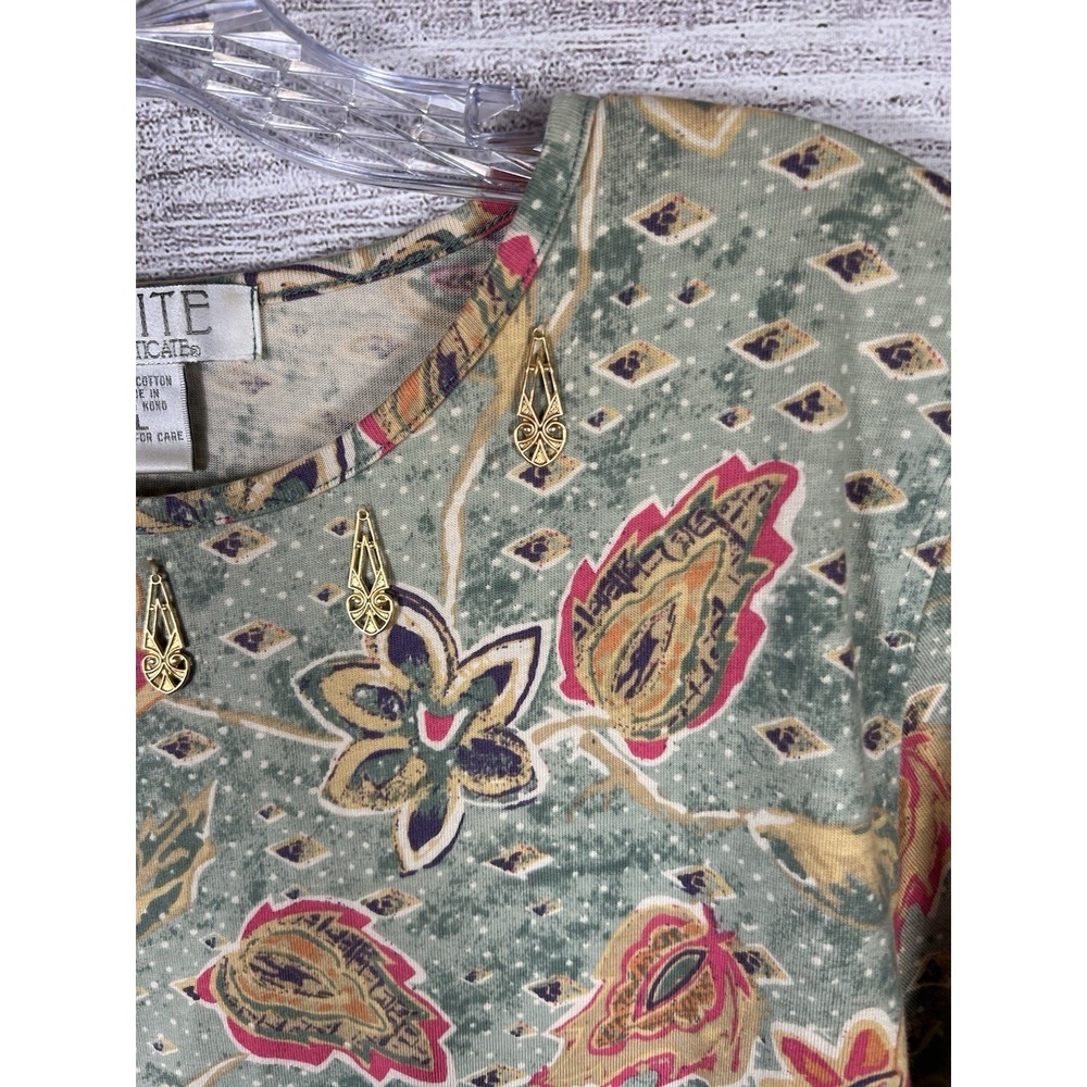 Vintage Petite Sophisticates Womens Large Floral Cottagecore Top Green Pink - Picture 5 of 5